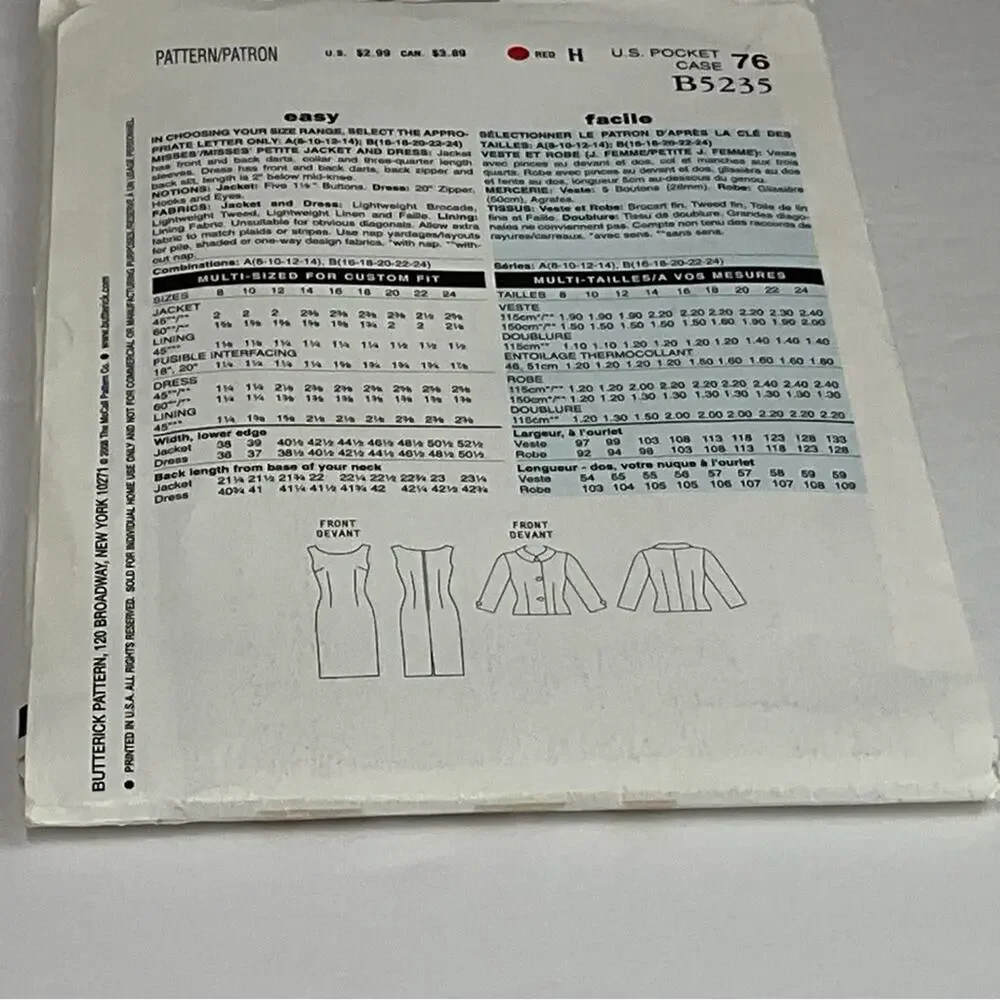 See & Sew Sewing Pattern B5235 Dress & Jacket Women's Sizes 8-14 Uncut Business